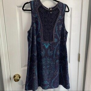 Free People Navy Paisley Linen Shift with Lace Panel - size L